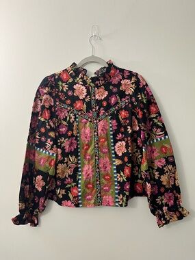 Anthropologie Black Floral Ruffle-Neck Blouse with Pink Accents